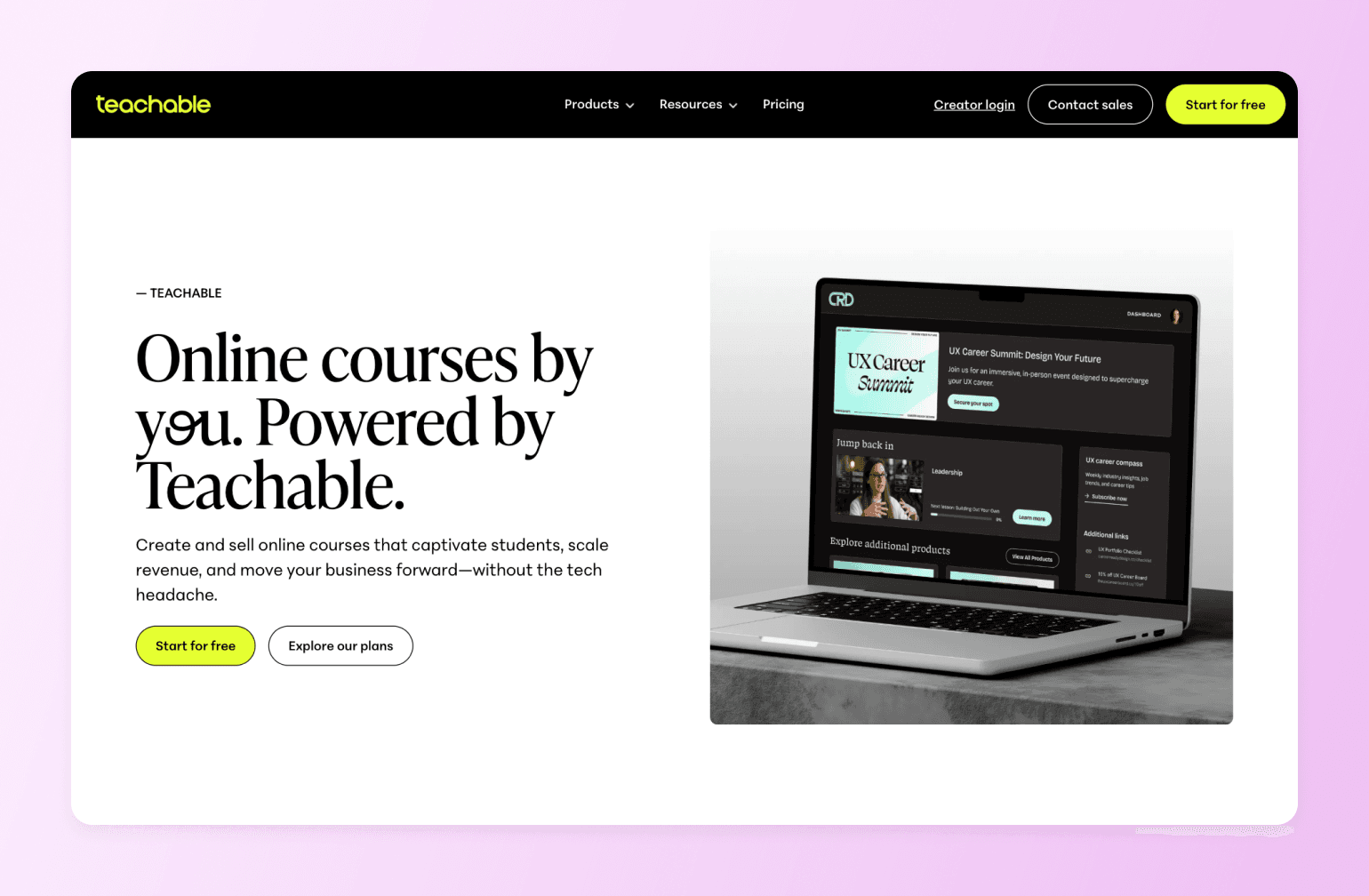Laptop displaying Teachable course creation platform with UX Career Summit course preview and video content sections